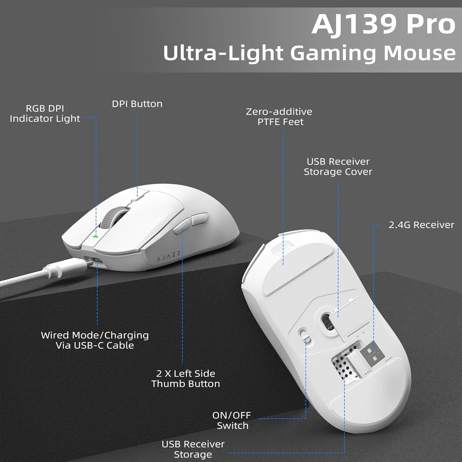 AJAZZ AJ139 PRO Mouse PAW3395 4000Hz Polling Rate 26000DPI Max 59g Lightweigh - Image 6