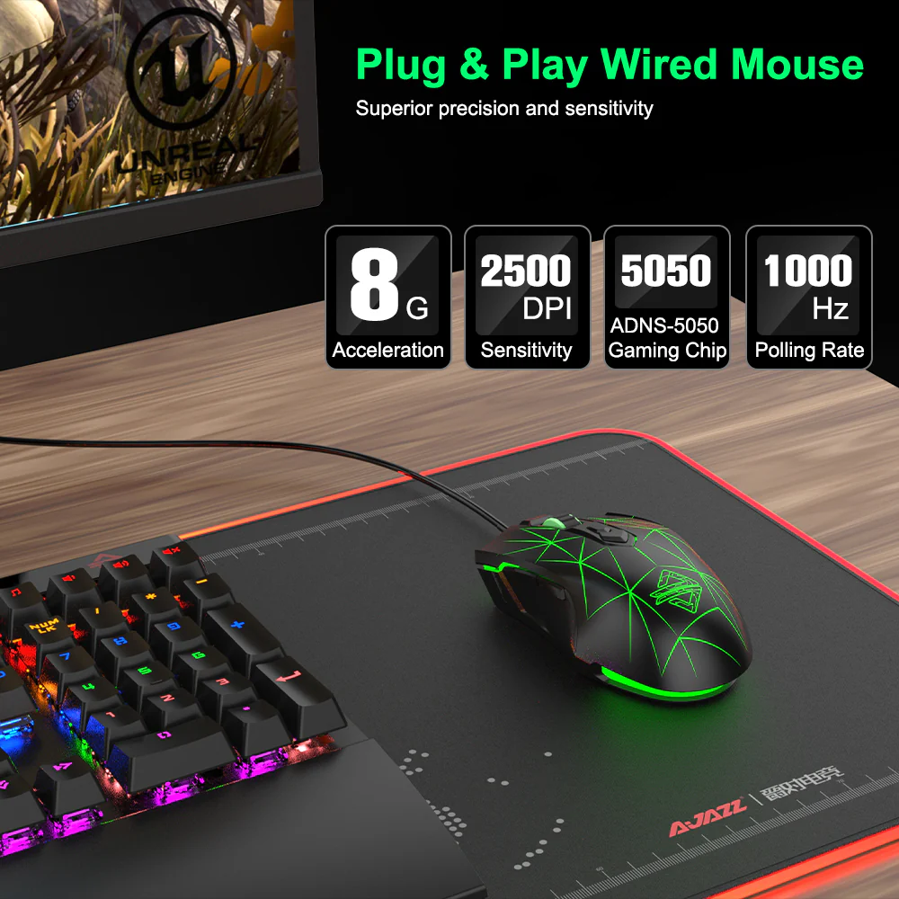 AJAZZ AJ52 Mouse 2500DPI ADNS-5050Gaming Chip 1000HZ Polling Rate Plug Play Wired  7 Programmable Buttons Mouse - Image 8