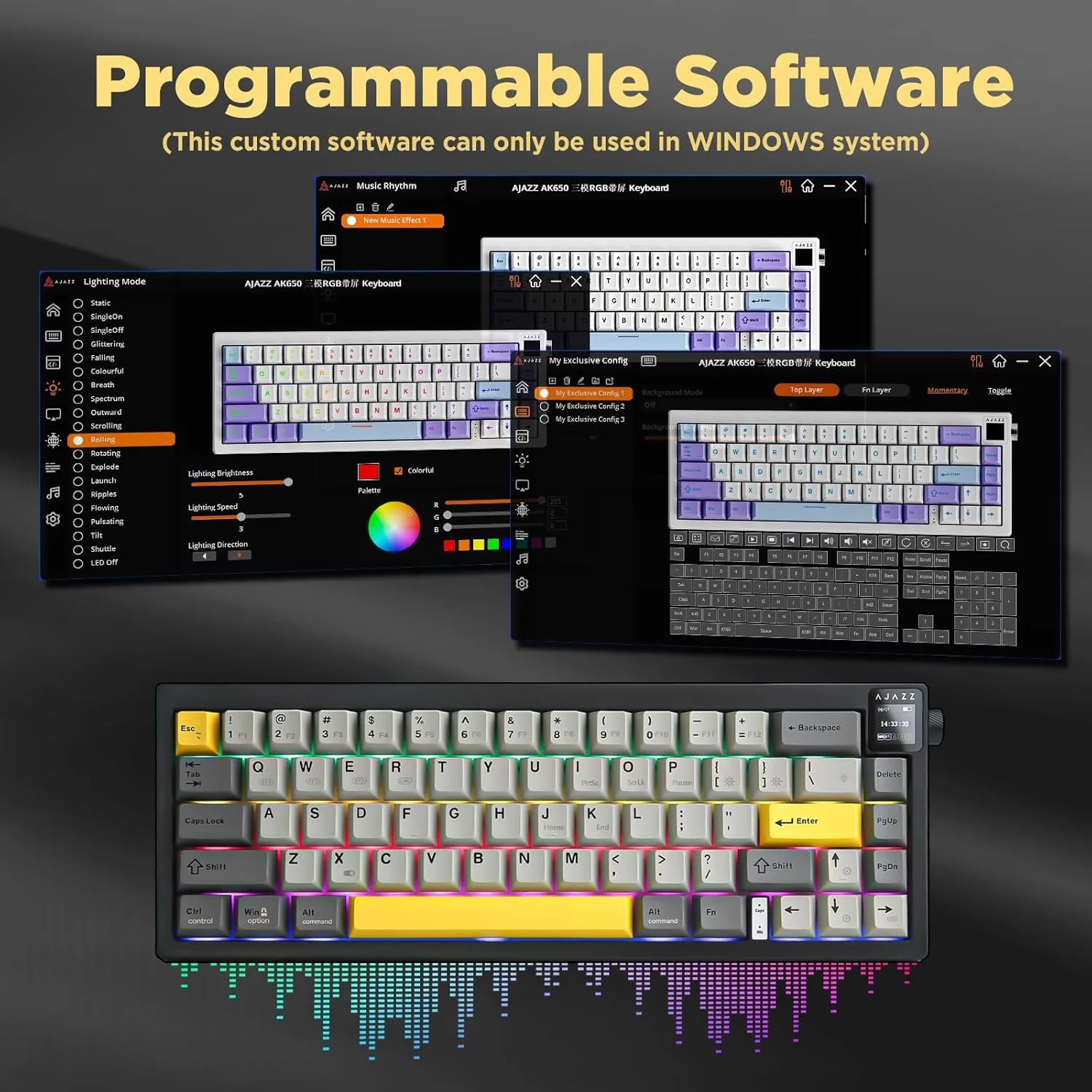 AJAZZ AK650 Mechanical Keyboard 5000mAh Battery Hot-Swap Wired/Bluetooth/2.4Ghz Wireless TFT Color Display Metal Knob Custom GIFs 65% Layout - Image 10