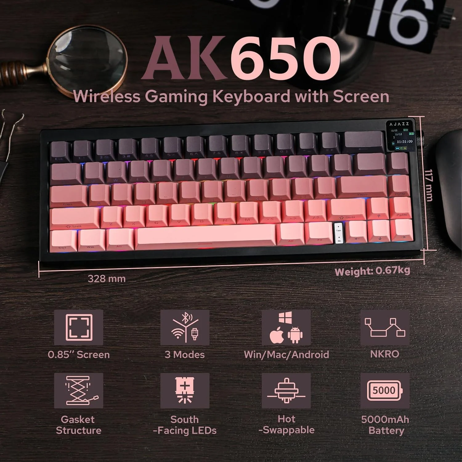 AJAZZ AK650 Mechanical Keyboard 5000mAh Battery Hot-Swap Wired/Bluetooth/2.4Ghz Wireless TFT Color Display Metal Knob Custom GIFs 65% Layout - Image 15