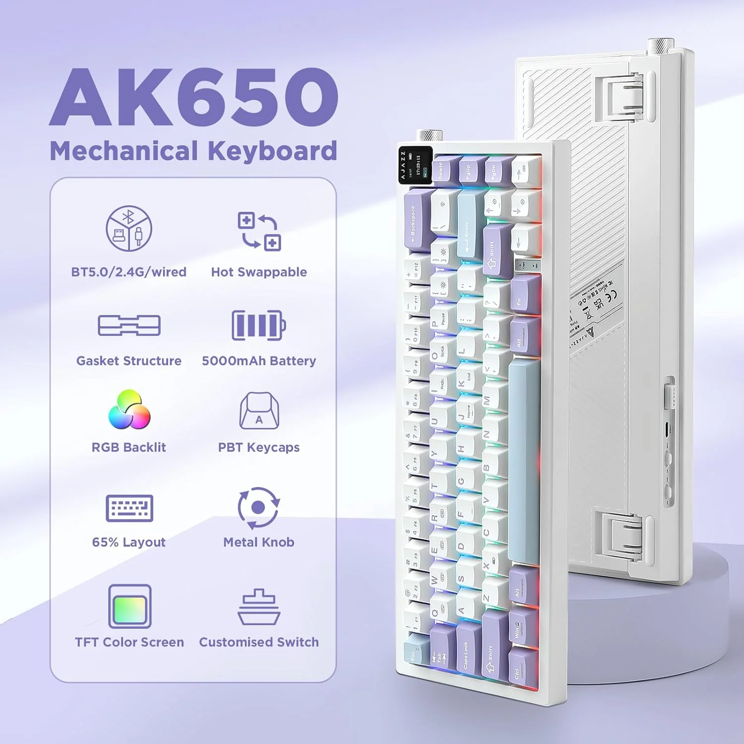 AJAZZ AK650 Mechanical Keyboard 5000mAh Battery Hot-Swap Wired/Bluetooth/2.4Ghz Wireless TFT Color Display Metal Knob Custom GIFs 65% Layout - Image 21