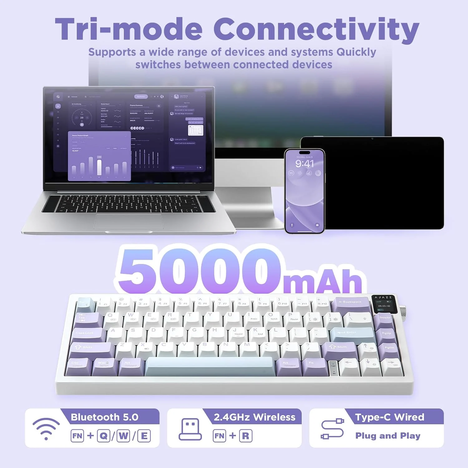 AJAZZ AK650 Mechanical Keyboard 5000mAh Battery Hot-Swap Wired/Bluetooth/2.4Ghz Wireless TFT Color Display Metal Knob Custom GIFs 65% Layout - Image 22