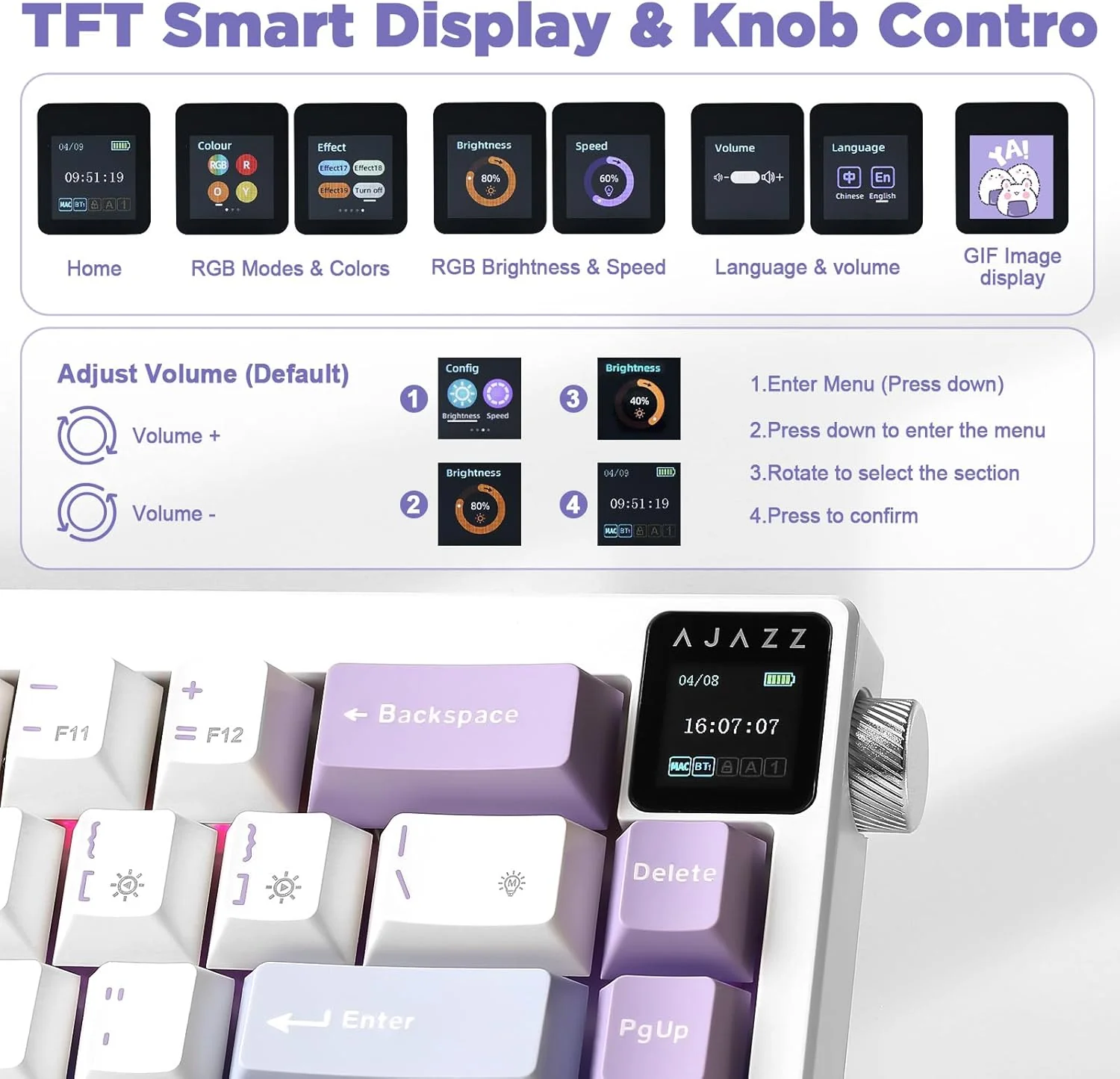 AJAZZ AK650 Mechanical Keyboard 5000mAh Battery Hot-Swap Wired/Bluetooth/2.4Ghz Wireless TFT Color Display Metal Knob Custom GIFs 65% Layout - Image 25