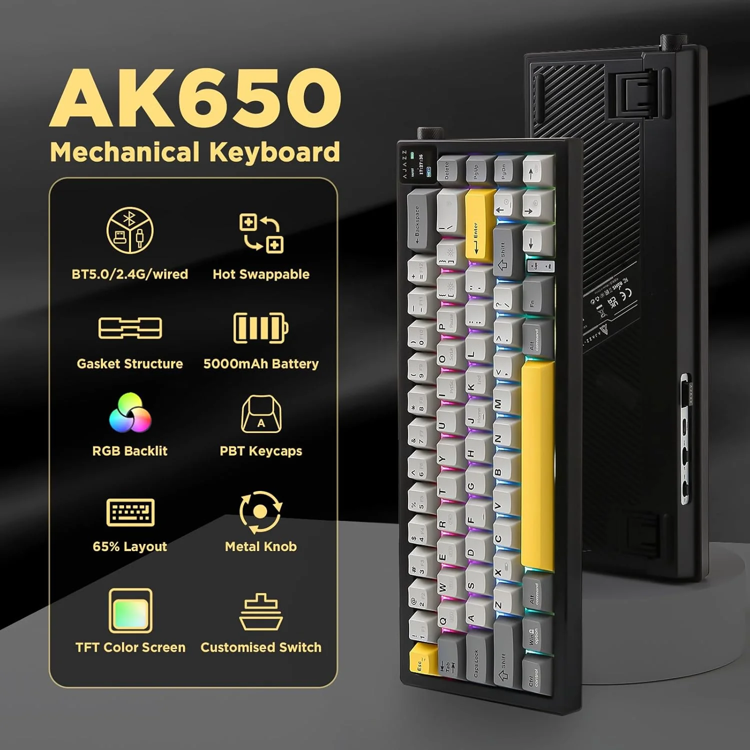 AJAZZ AK650 Mechanical Keyboard 5000mAh Battery Hot-Swap Wired/Bluetooth/2.4Ghz Wireless TFT Color Display Metal Knob Custom GIFs 65% Layout - Image 4