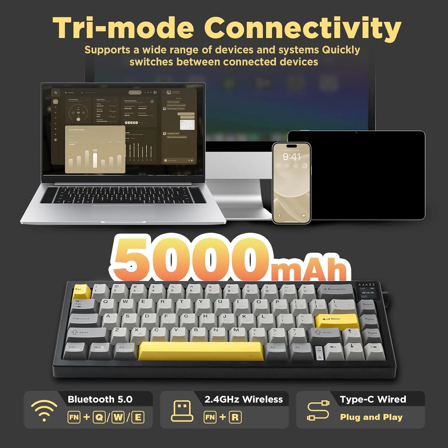 AJAZZ AK650 Mechanical Keyboard 5000mAh Battery Hot-Swap Wired/Bluetooth/2.4Ghz Wireless TFT Color Display Metal Knob Custom GIFs 65% Layout - Image 5