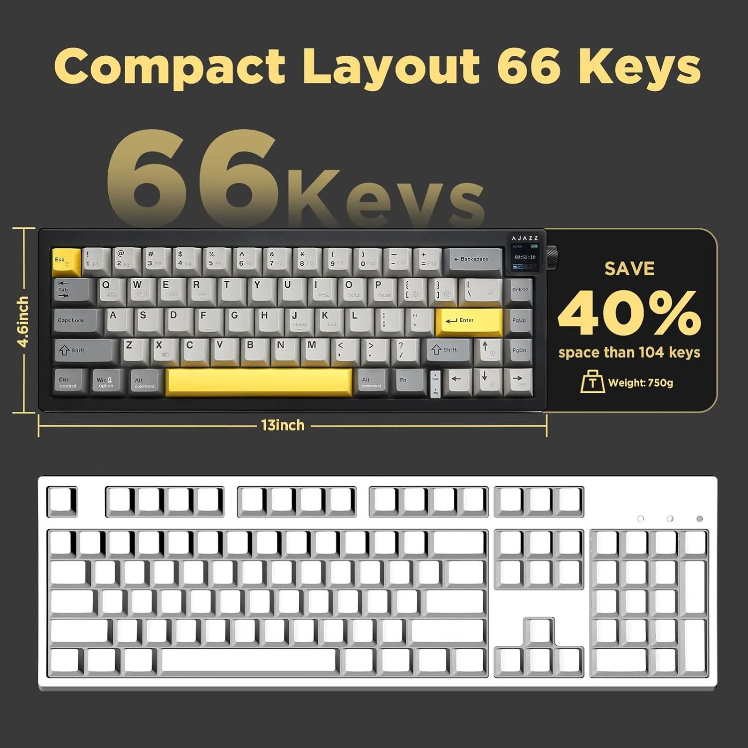 AJAZZ AK650 Mechanical Keyboard 5000mAh Battery Hot-Swap Wired/Bluetooth/2.4Ghz Wireless TFT Color Display Metal Knob Custom GIFs 65% Layout - Image 6