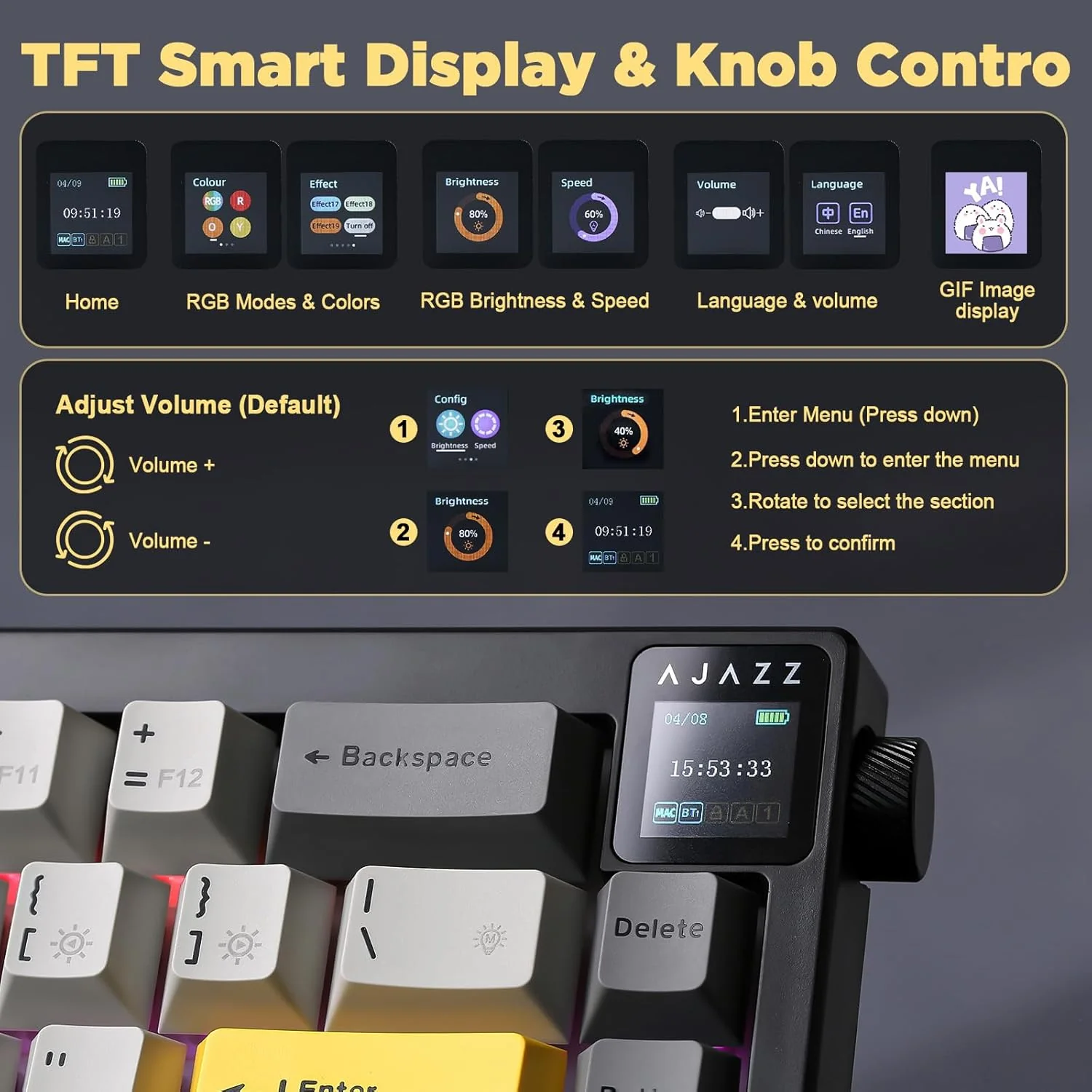 AJAZZ AK650 Mechanical Keyboard 5000mAh Battery Hot-Swap Wired/Bluetooth/2.4Ghz Wireless TFT Color Display Metal Knob Custom GIFs 65% Layout - Image 7