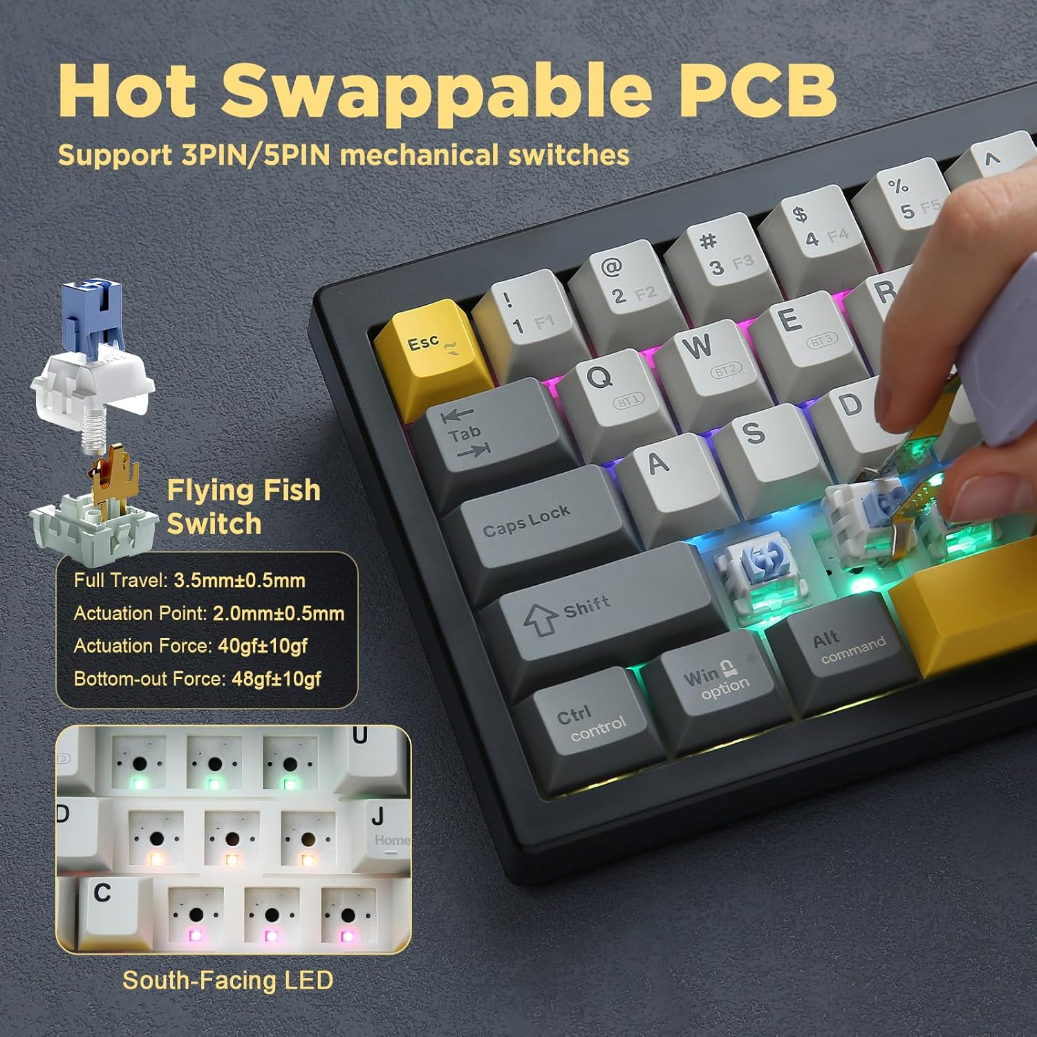 AJAZZ AK650 Mechanical Keyboard 5000mAh Battery Hot-Swap Wired/Bluetooth/2.4Ghz Wireless TFT Color Display Metal Knob Custom GIFs 65% Layout - Image 8