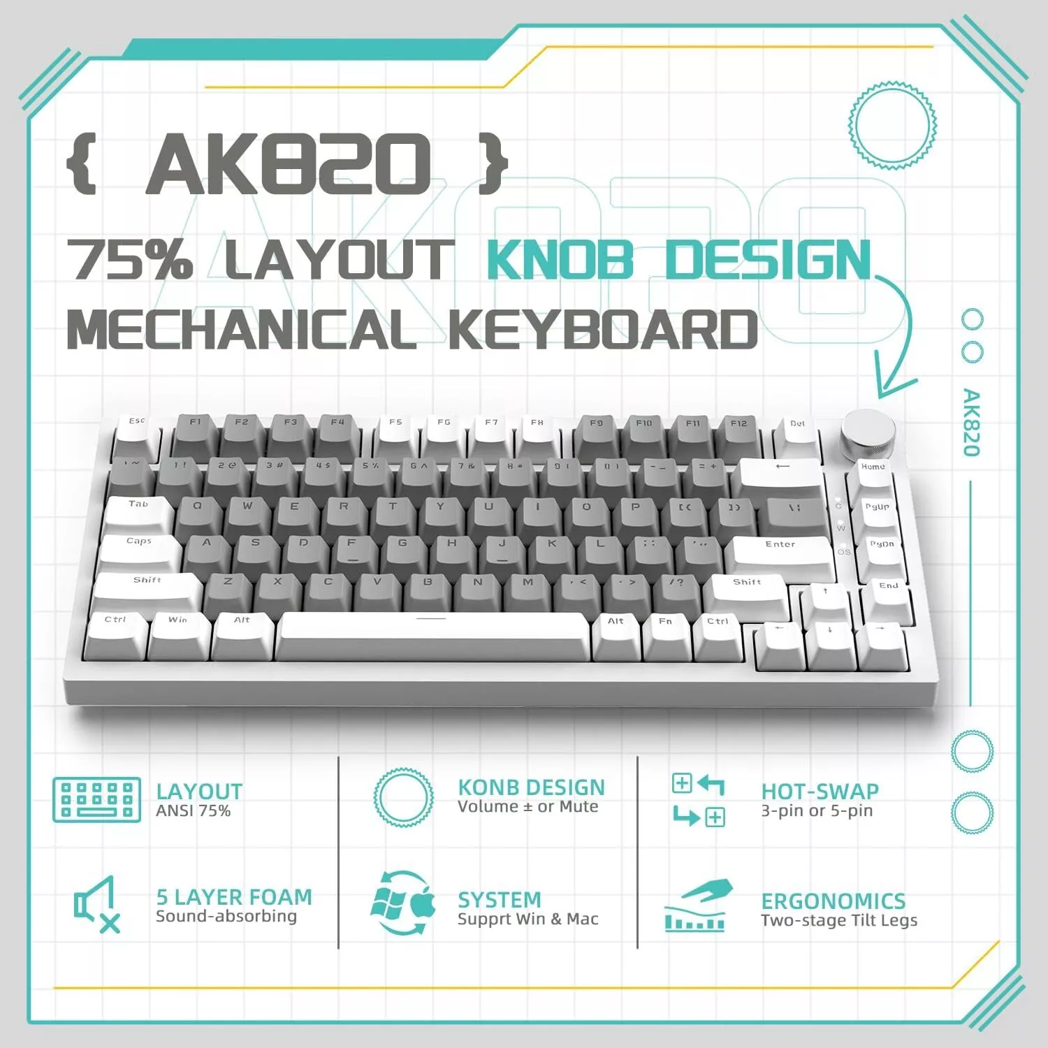 AJAZZ AK820 Mechanical Keyboard Hot Swapping 75% Layout with Knob Supprt win & Mac - Image 4